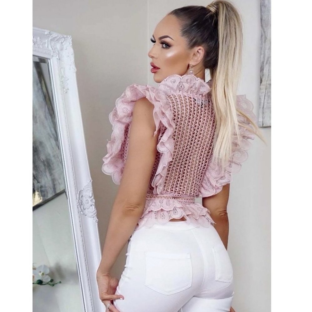 Pink Crochet Lace Sleeveless V-Neck Ruffle Peplum Top - Picture 7 of 9